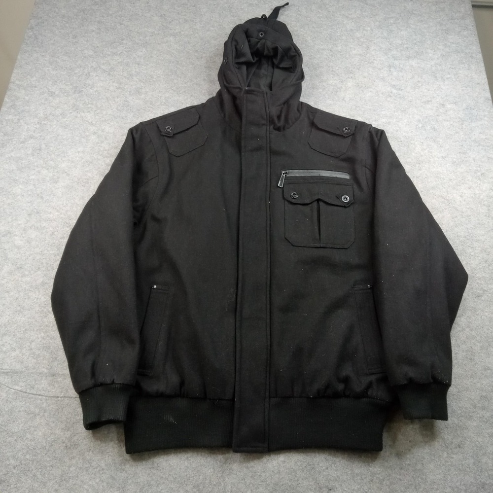 Seven Souls‎ Jacket Mens 2XL Black Wool Blend Hooded Bomber Zip Pockets Winter